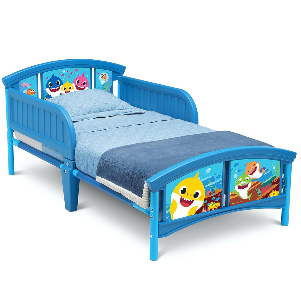 Baby Shark Plastic Toddler Bed and Twinkle Galaxy Dual Sided Crib and Toddler Mattress Bundle V3500