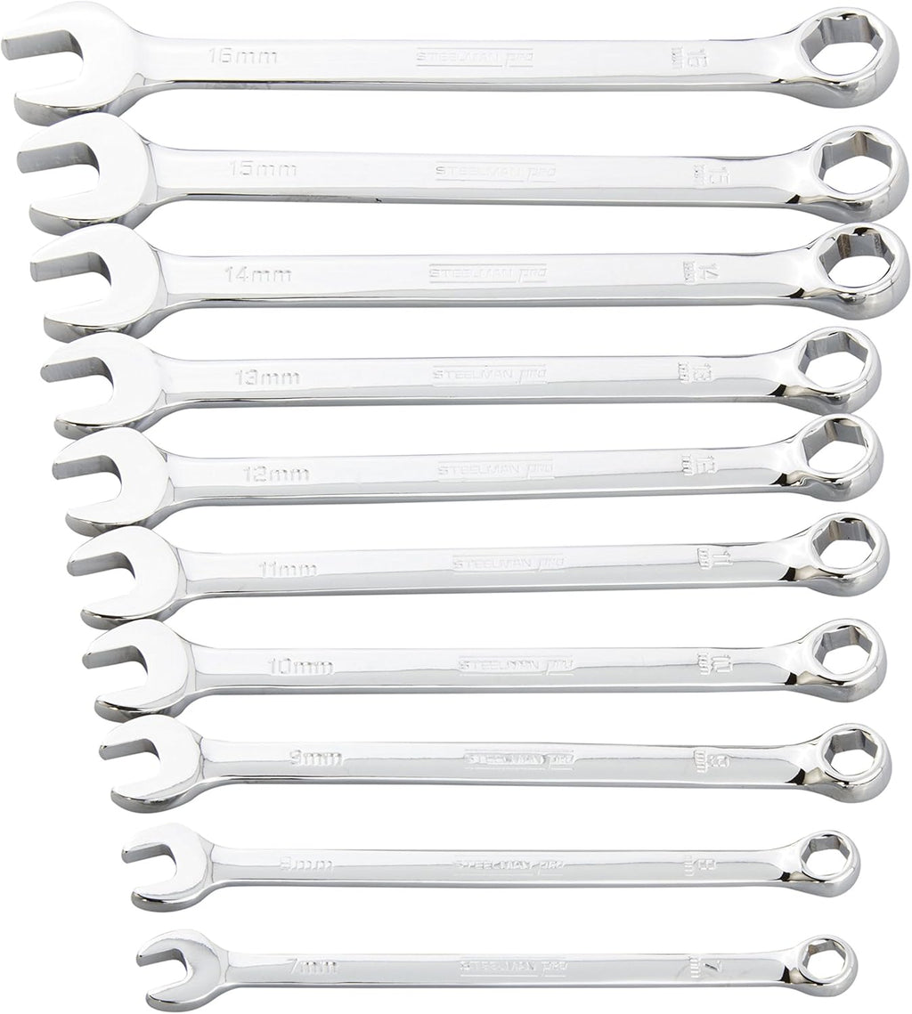 10-Piece Metric Combination Wrench Set, Chrome Vanadium Alloy Steel, Angled Ends, Storage Rack Included F396