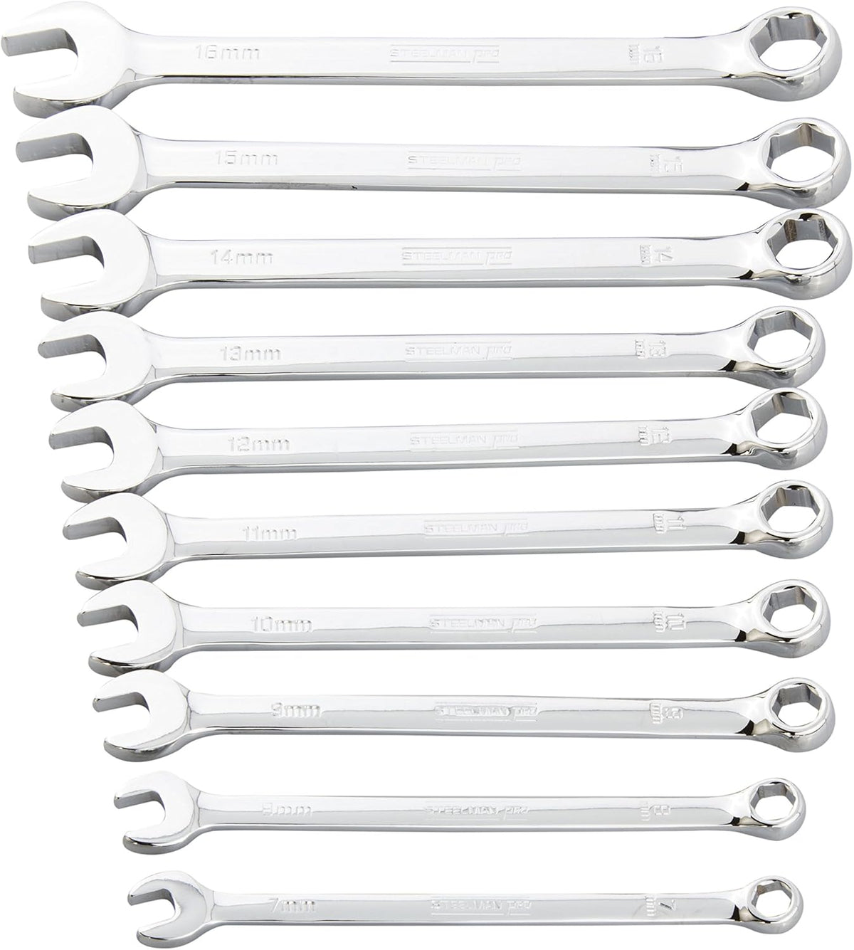 10-Piece Metric Combination Wrench Set, Chrome Vanadium Alloy Steel, Angled Ends, Storage Rack Included F396