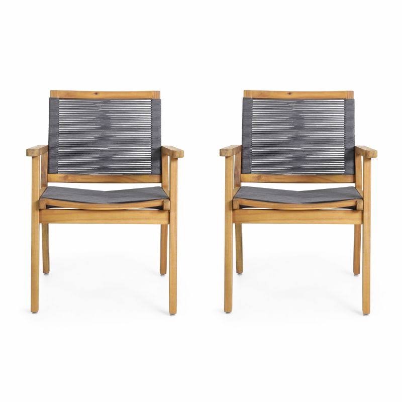 Acacia Wood Dining Chair with Rope Seating (Set of 2), Teak and Dark Gray N358707