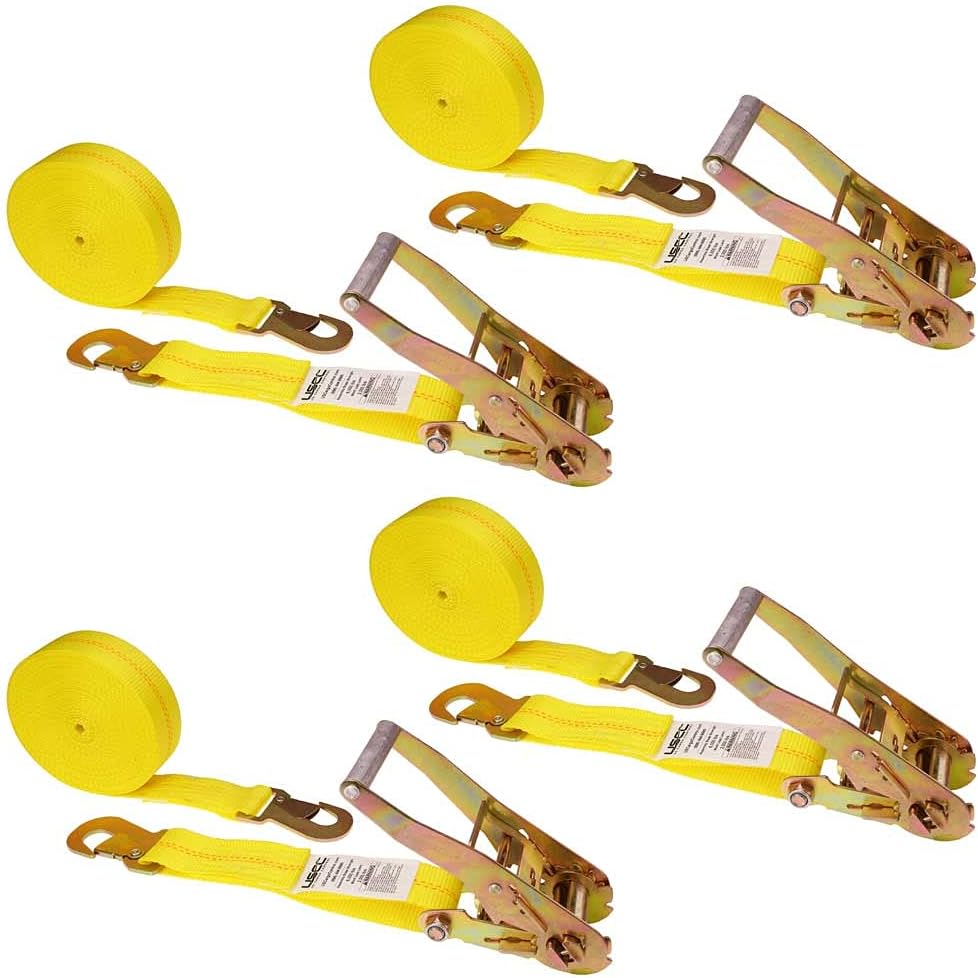 2 Inch Wide x 27 Foot Long Yellow Ratchet Straps with Snap Hook - 4 Pack E604