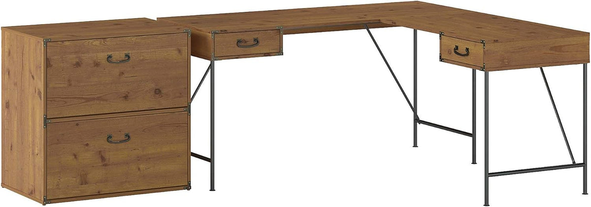 Vintage Golden Pine L Shaped Writing Desk with 2 Drawer Lateral File Cabinet M9875