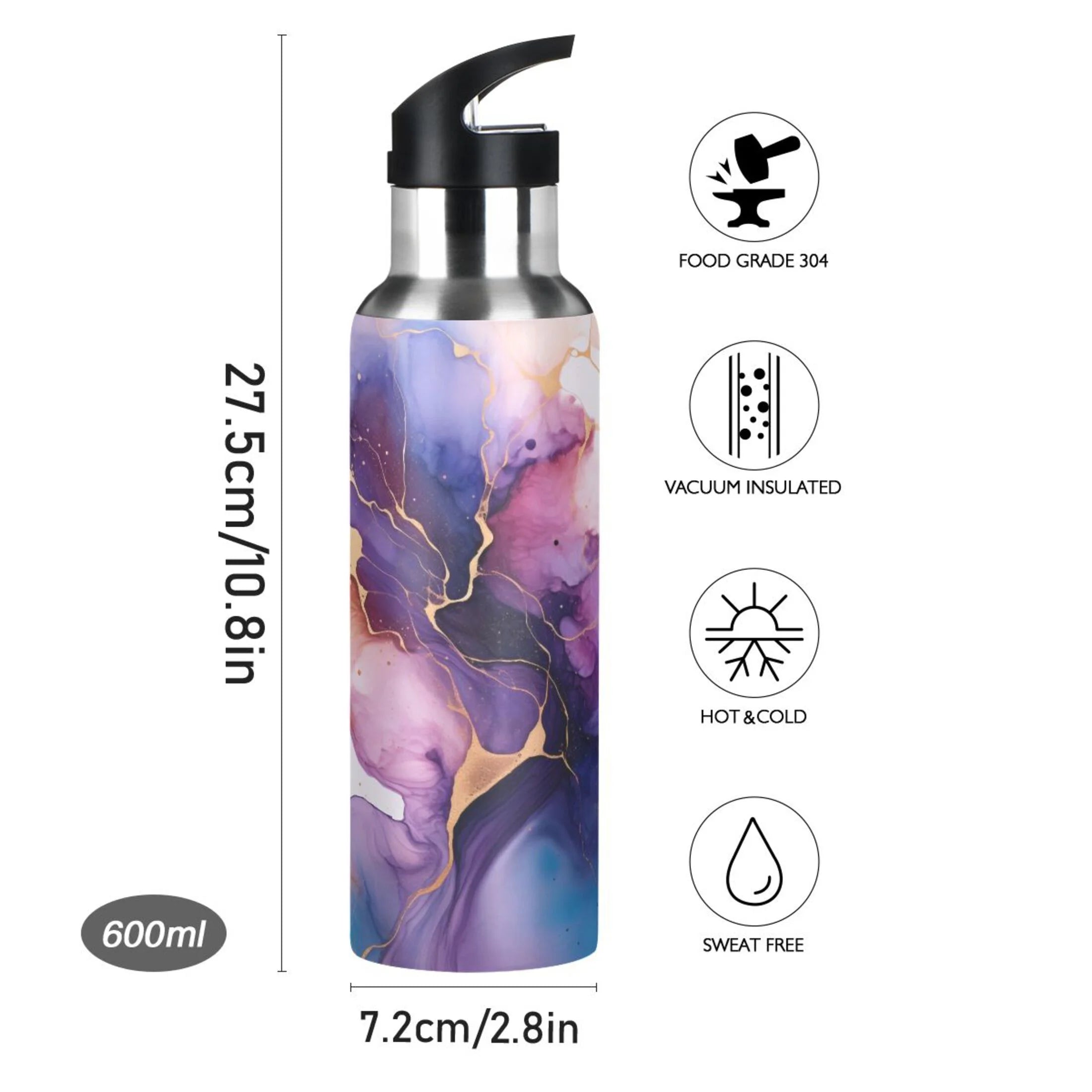 Purple and Blue Marble Stainless Steel Insulated Water Bottle with Straw Lid H7318