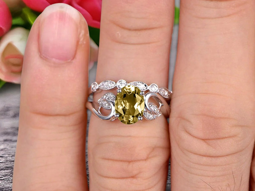 Oval Cut Champagne Diamond Moissanite Bridal Ring Set on 10k White Gold P794554