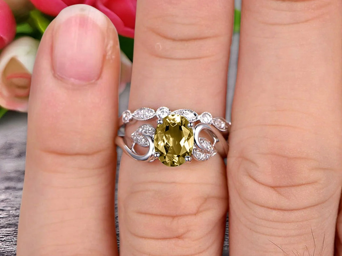Oval Cut Champagne Diamond Moissanite Bridal Ring Set on 10k White Gold P794554