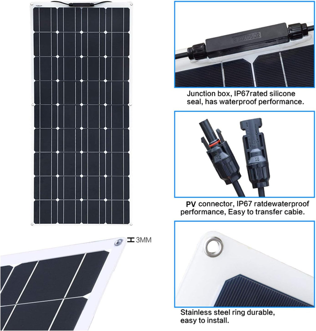 2pcs 100w Monocrystalline Flexible Solar Panel 200W 12V Kit with 20A Controller PV Connector U926417
