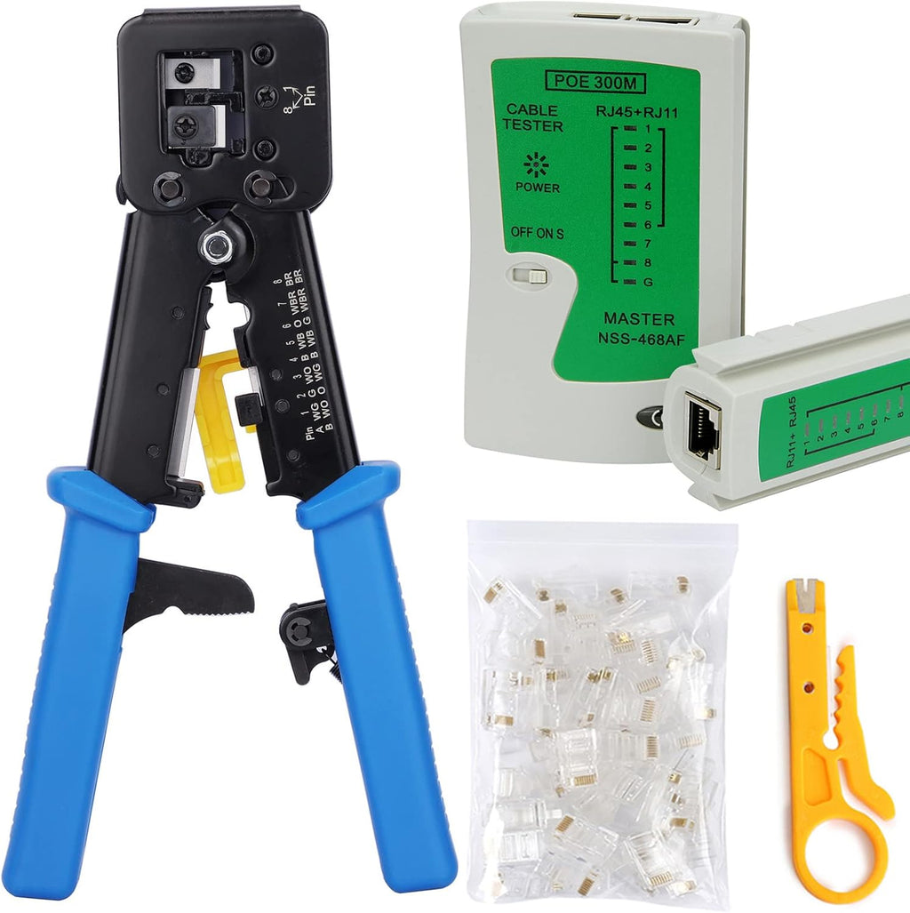 RJ45 Crimp Tool Kit with 50PCS Connectors, 50PCS Covers, Mini Wire Stripper, Wire Cutter M899283