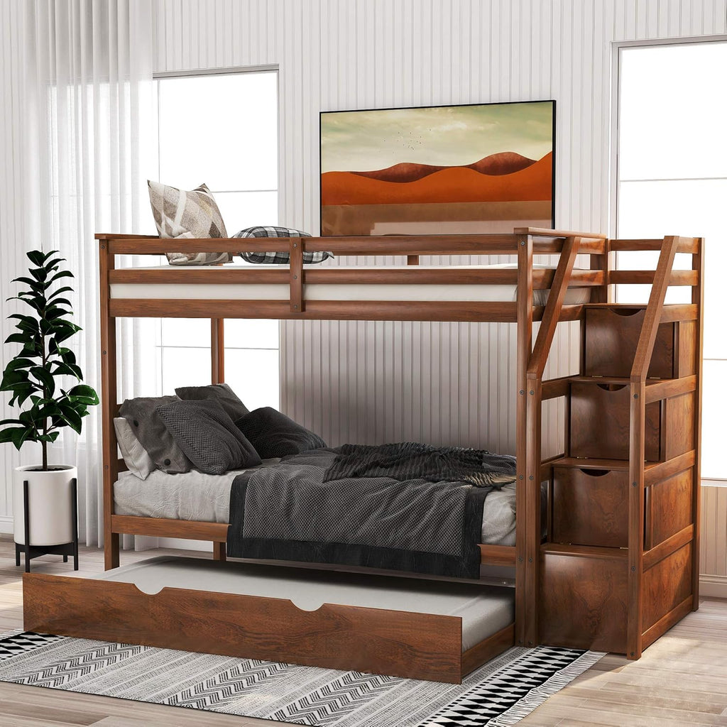 Solid Wood Twin-Over-Twin Bunk Bed with 3 Storage Drawers and Staircase (Grey) Q740