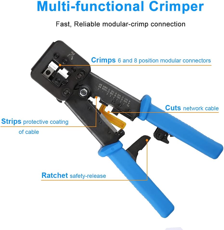 RJ45 Crimp Tool Kit with 50PCS Connectors, 50PCS Covers, Mini Wire Stripper, Wire Cutter M899283