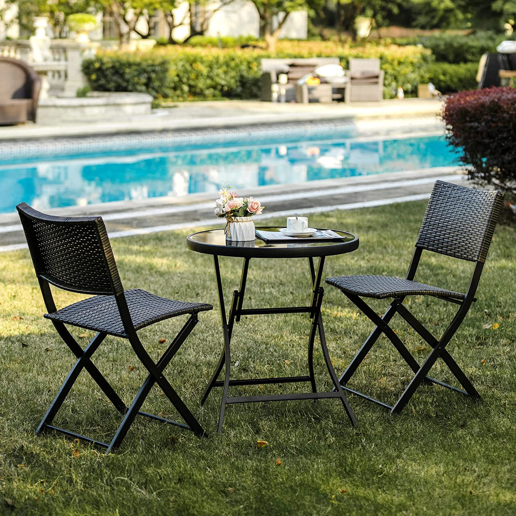 3 Pieces Outdoor Patio Bistro Set with Folding Patio Round Table and Chairs S632