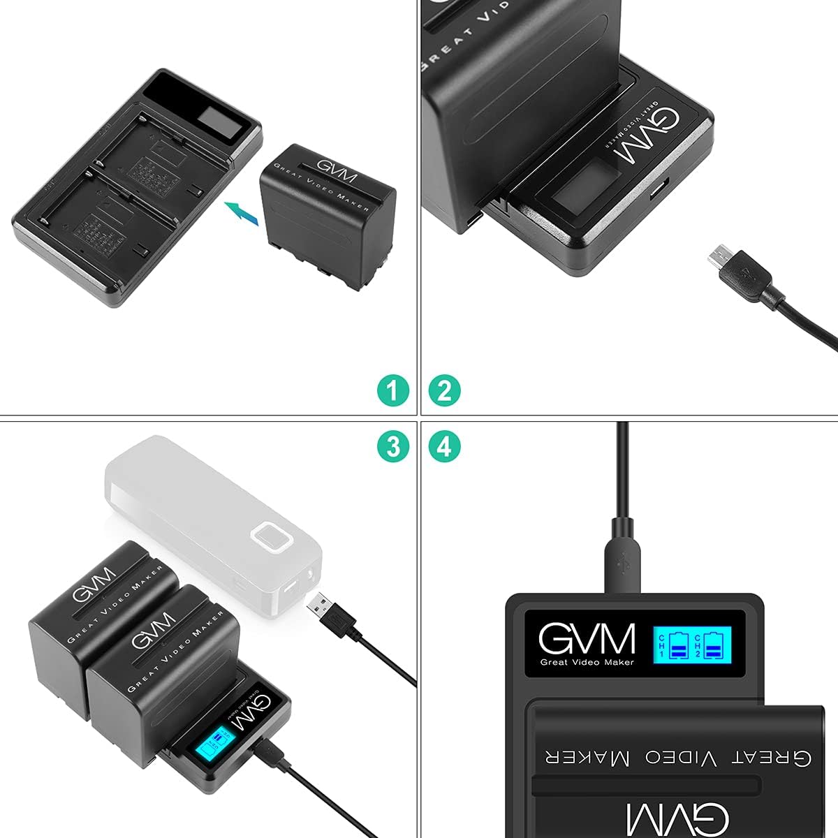 NP-F970 6600mAh Batteries with Dual USB Charger and V-Mount Adapter, 2 Packs N7321