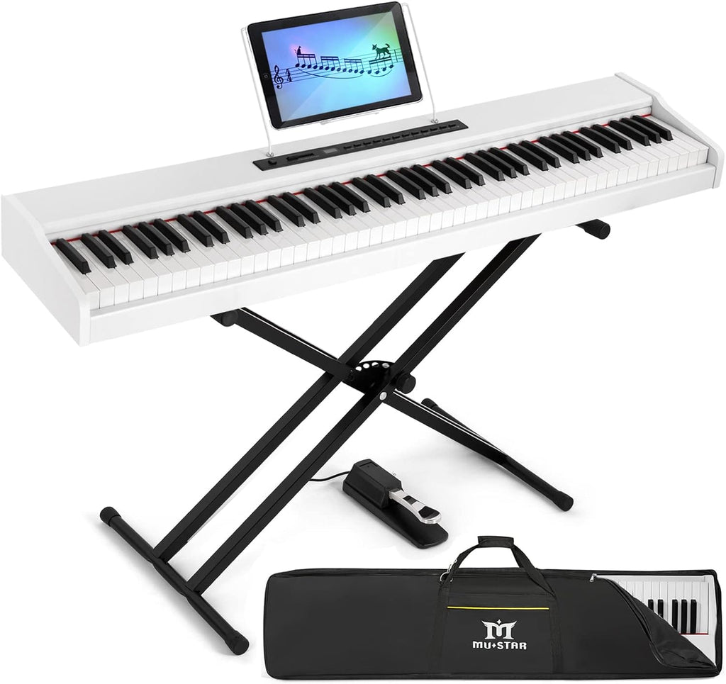 White Digital Piano 88 Weighted Keys with Stand, Bluetooth Connection, Portable Case, Sustain Pedal Z1875