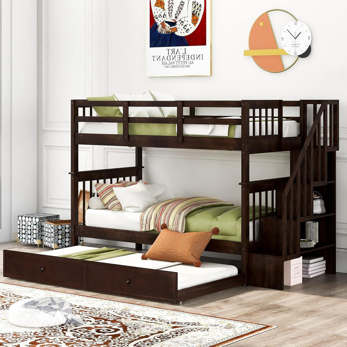 Solid Wood Twin-Over-Twin Bunk Bed with 3 Storage Drawers and Staircase (Grey) Q740