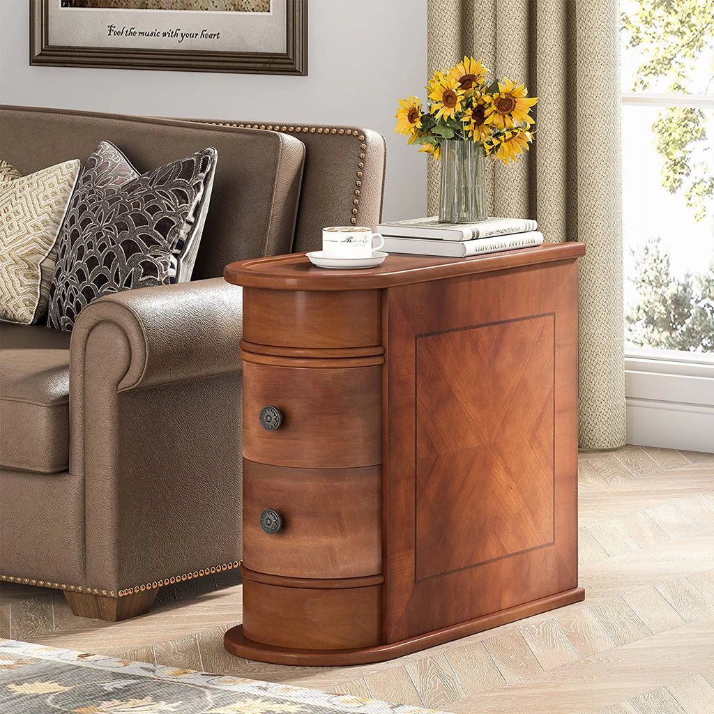 Half Round End Table with 2 Drawers, Sofa Side Desk with Storage, Slim Nightstand, Brown V253