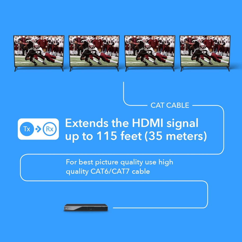 1x4 HDMI Extender Splitter 4K over Single Cable CAT6/7 4K@60Hz HDCP 2.2 with IR Remote EDID Management C9434