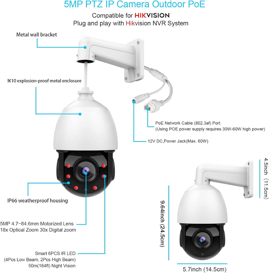 4K 8MP Outdoor PTZ PoE IP Camera Speed Dome with 18x Optical Zoom, 164ft IR Night Vision, IP66 Q78136
