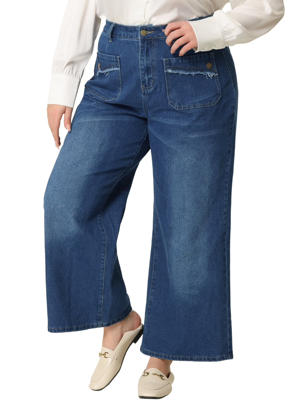 Plus Size Wide Leg Stretch Washed Long Jeans U38737