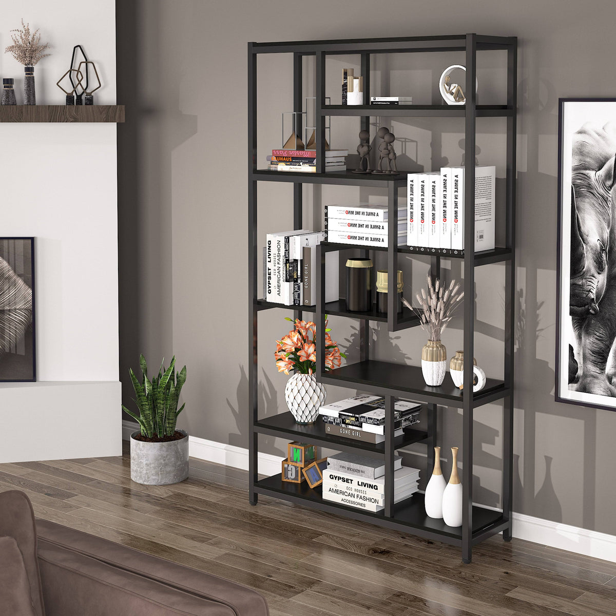 Black Staggered Bookshelf Etagere Bookcase P3268