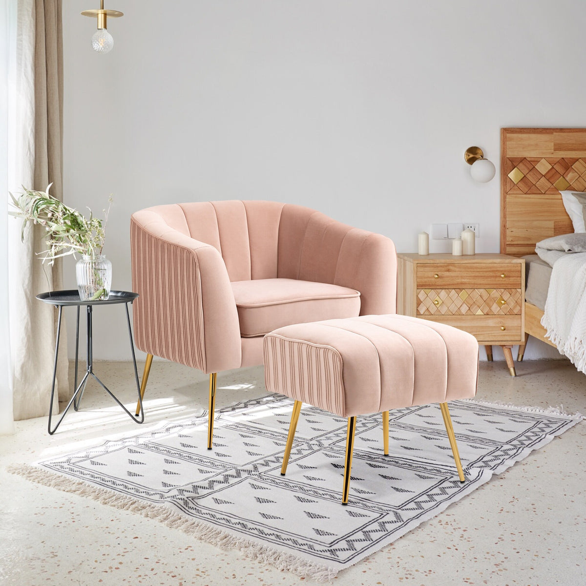 Pink Velvet Barrel Arm Accent Chair with Ottoman O1158