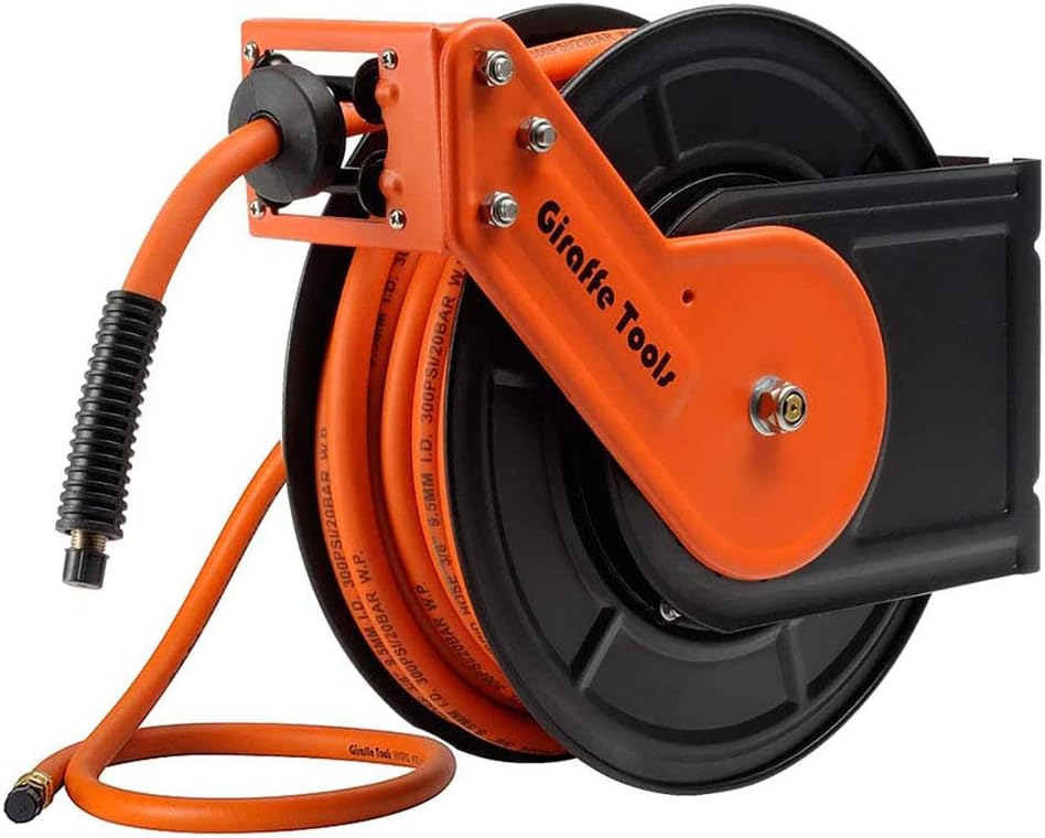 Retractable Air Hose Reel Wall Mount with 3/8 in. x 25 FT Hybrid Hose, Steel Reel Auto Rewind 300PSI Pack of 2 T789
