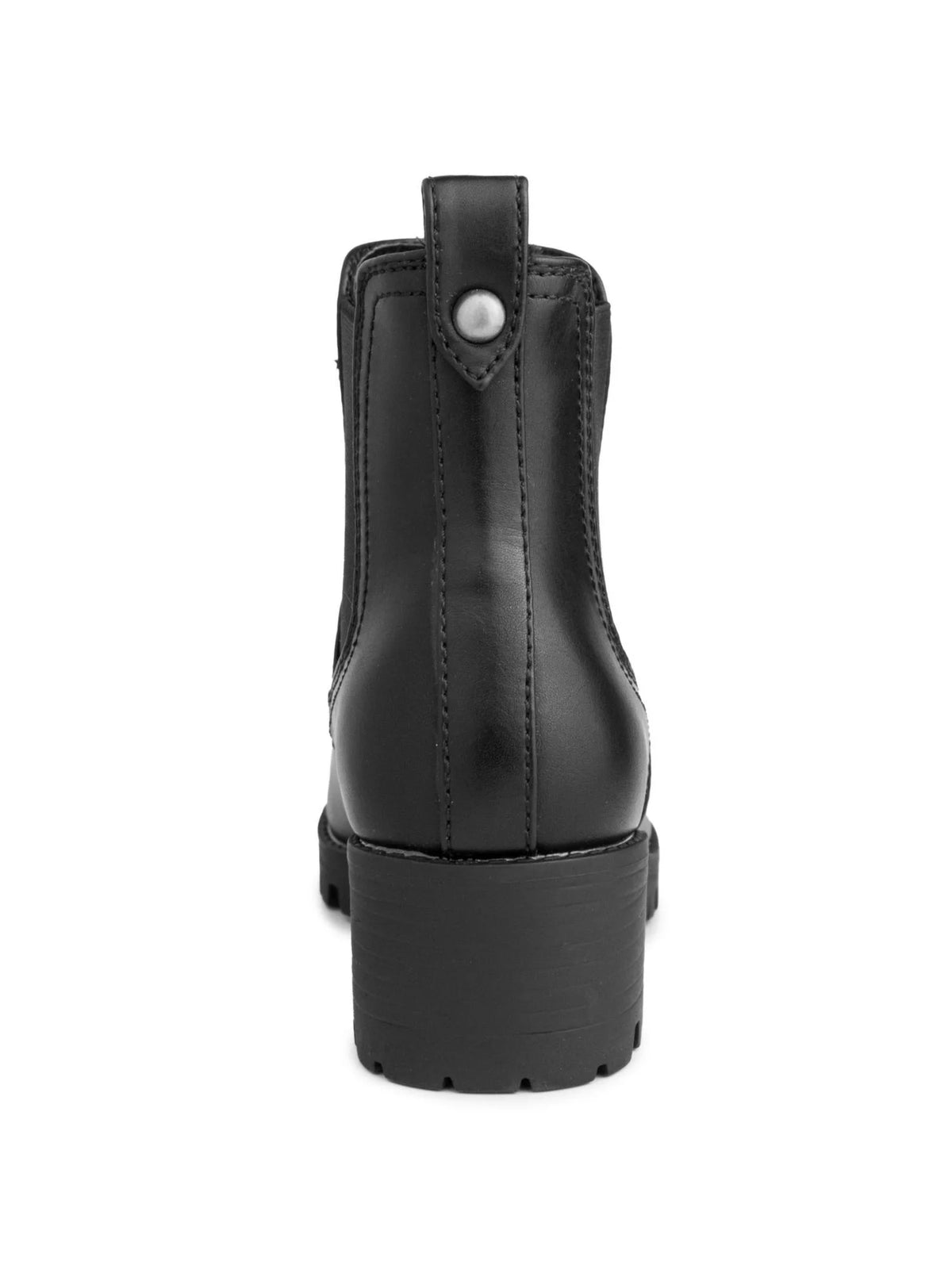 Black Chelsea Boot Cushioned Back Pull Tab Lug Sole Round Toe Block Heel Slip On Booties 7.5 M T2419
