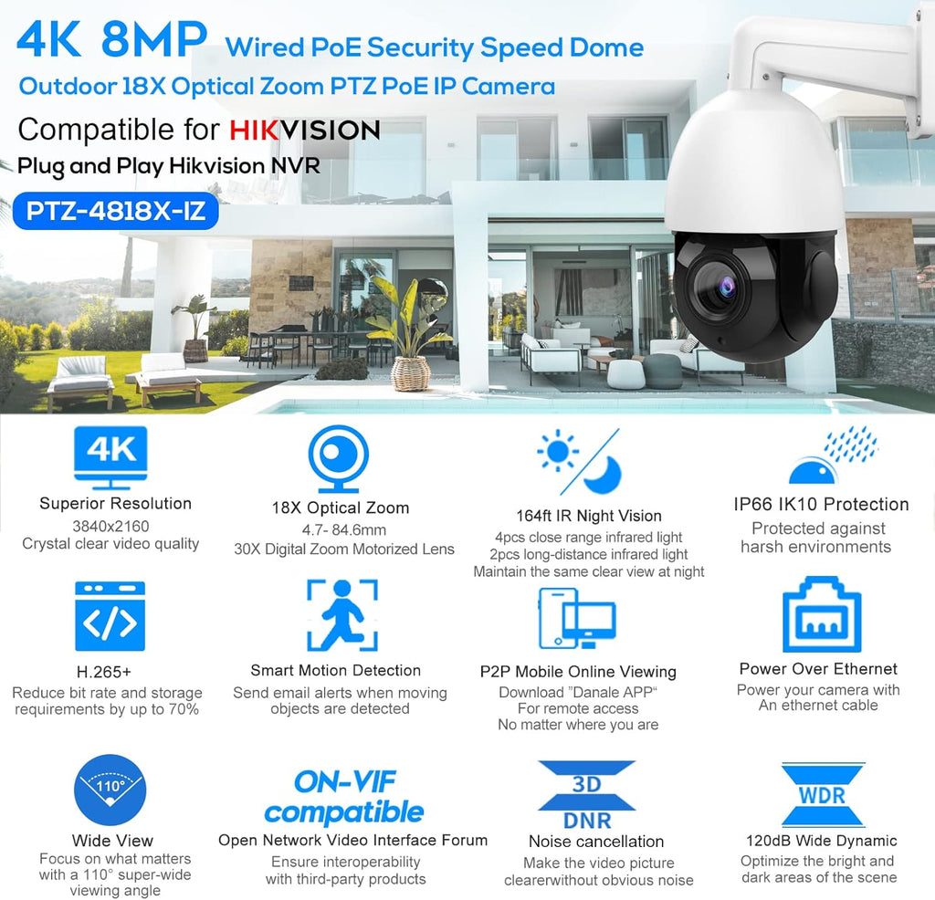 4K 8MP Outdoor PTZ PoE IP Camera Speed Dome with 18x Optical Zoom, 164ft IR Night Vision, IP66 Q78136