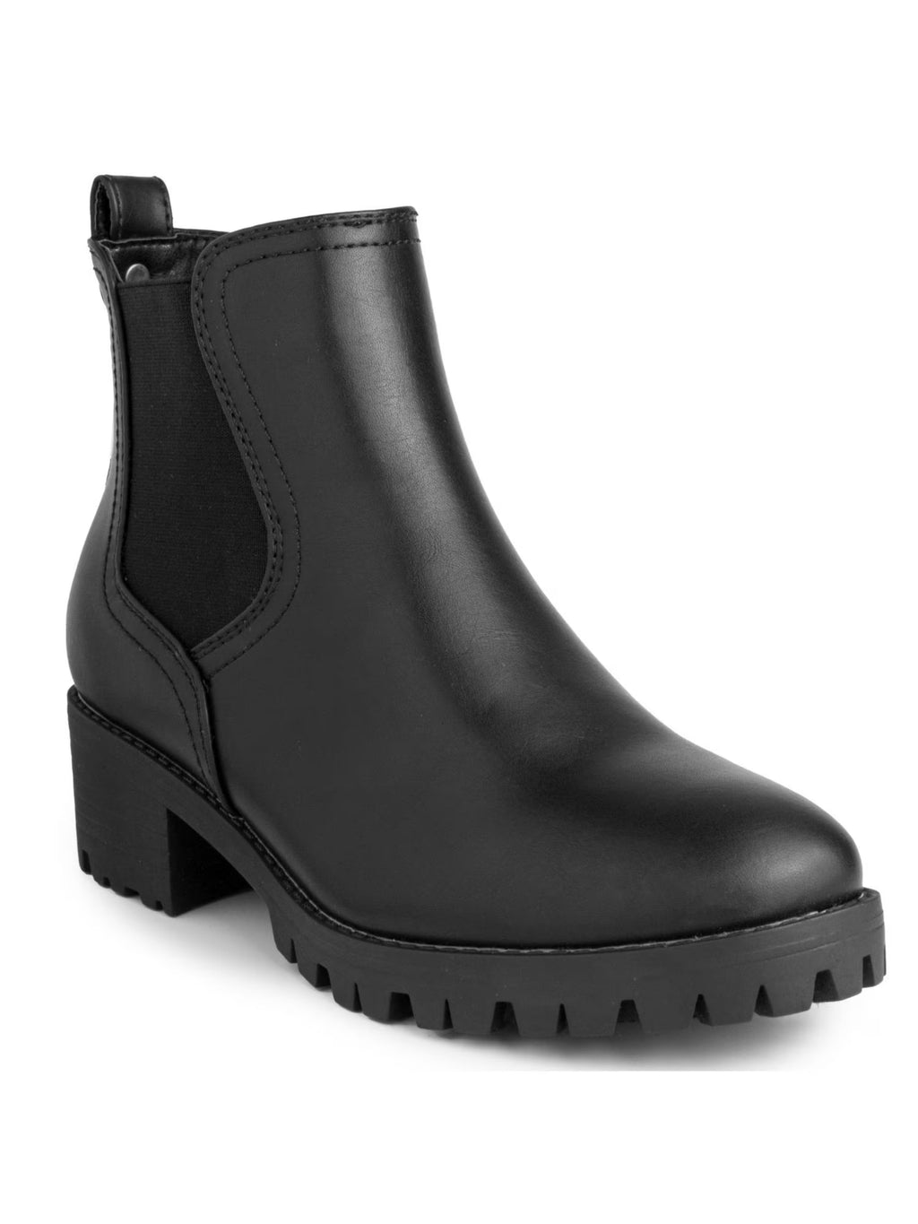 Black Chelsea Boot Cushioned Back Pull Tab Lug Sole Round Toe Block Heel Slip On Booties 7.5 M T2419