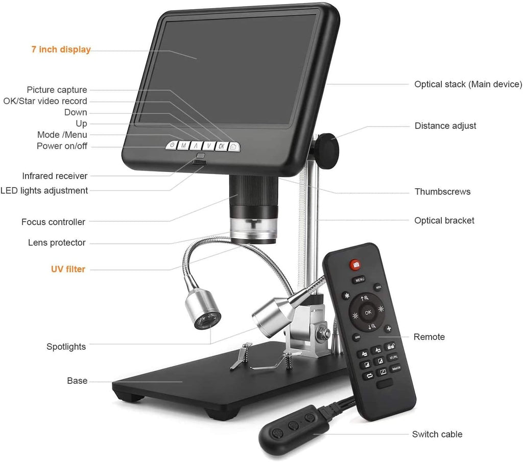 Digital Microscope with 7-inch LCD Screen, 200X Magnification F119