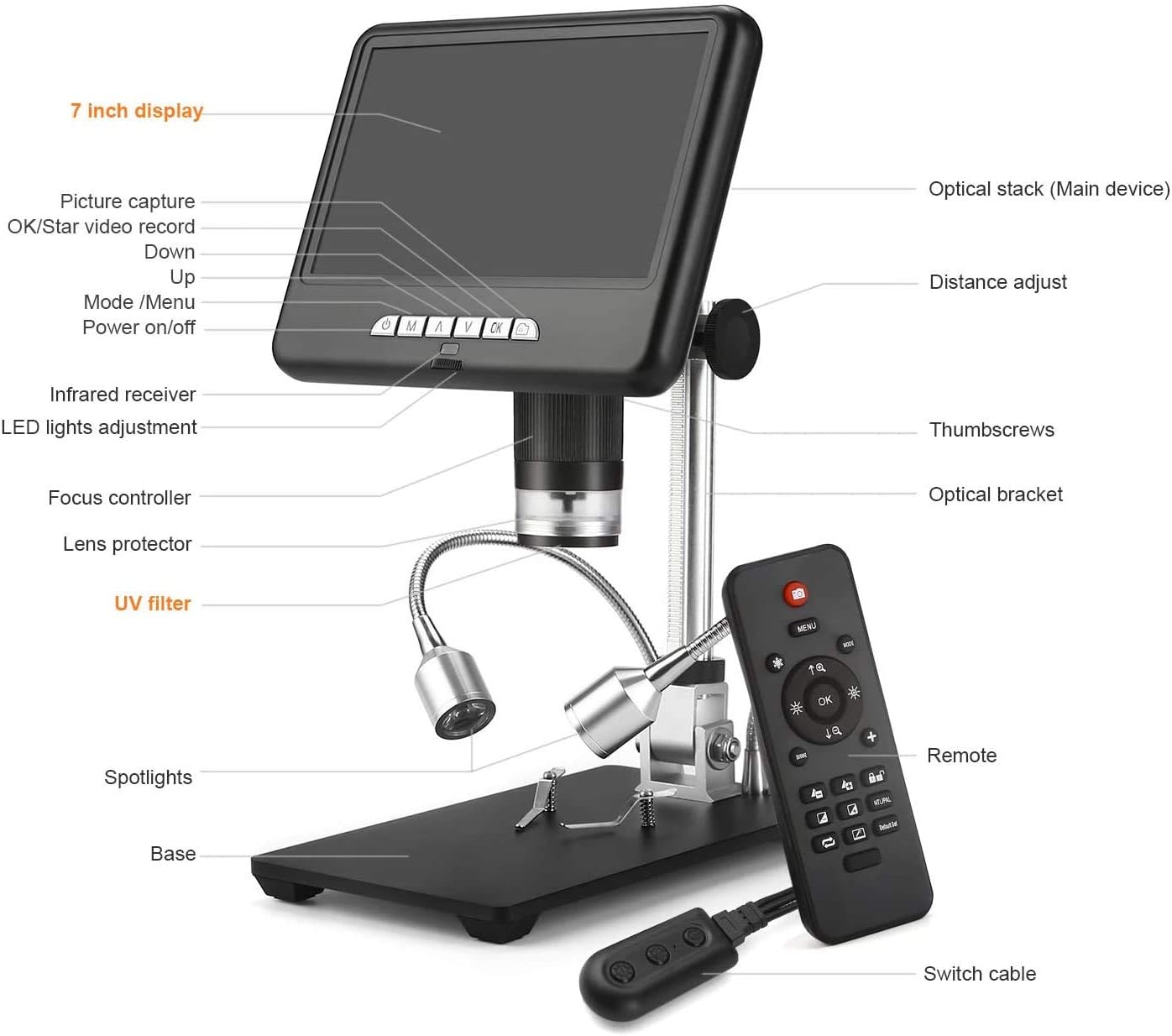 Digital Microscope with 7-inch LCD Screen, 200X Magnification F119