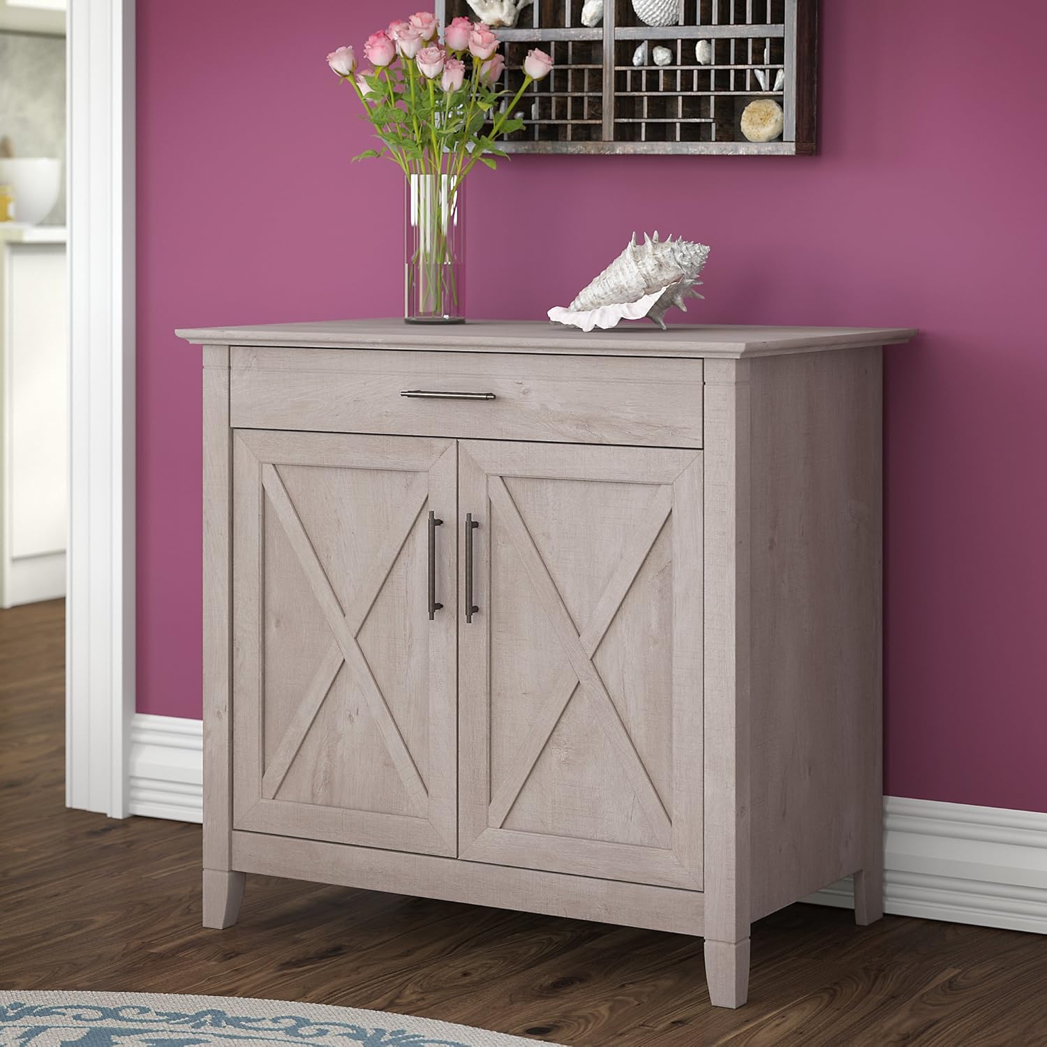 Washed Gray Secretary Desk with Keyboard Tray and Storage Cabinet D82756