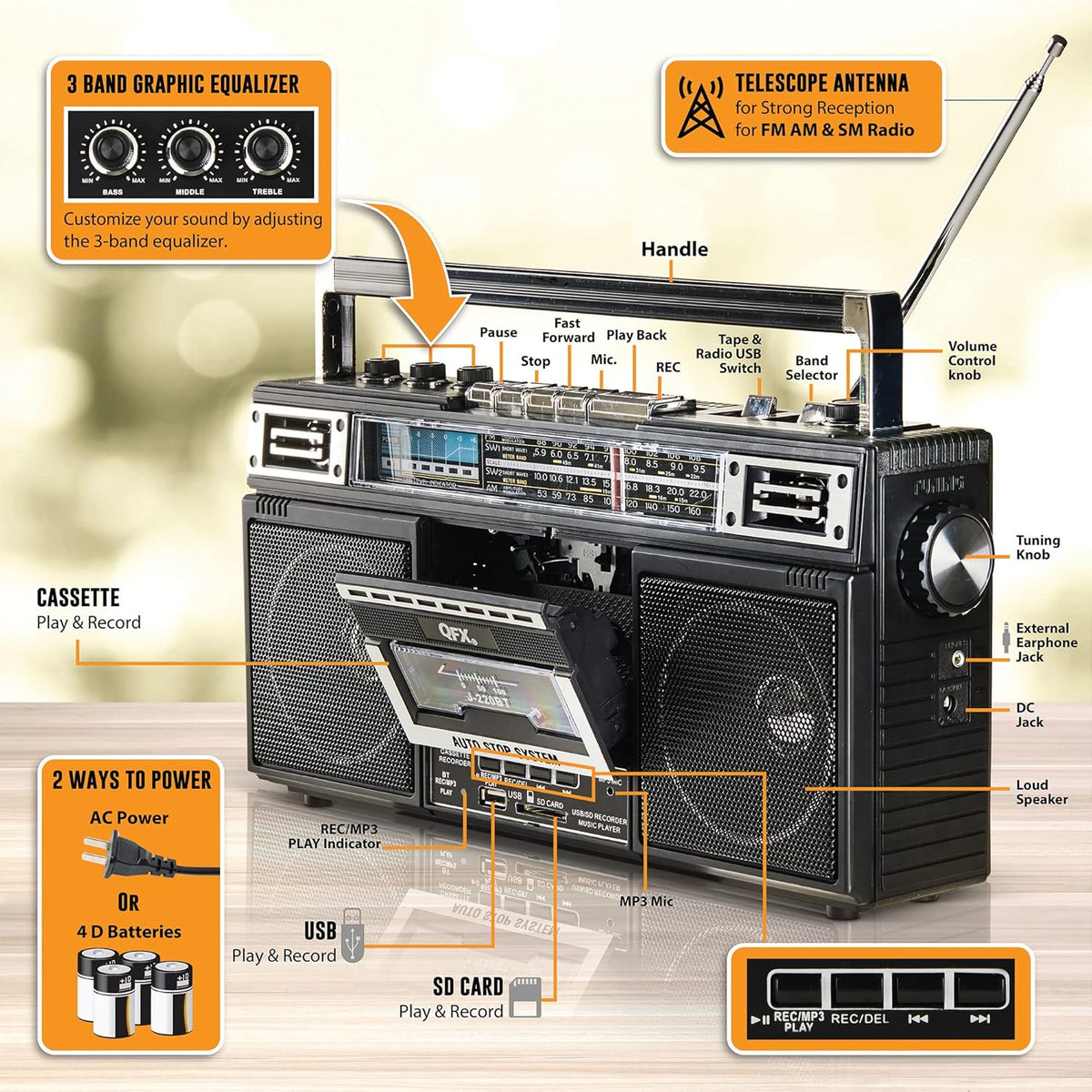 Cassette Player/Recorder Boombox with Bluetooth, Dual 3” Speakers, Pack of 2 F696341