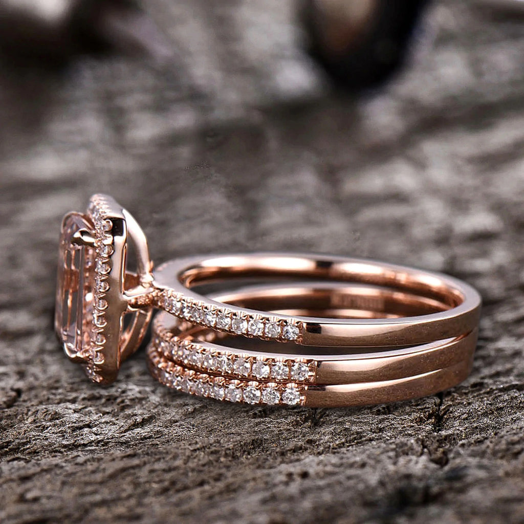 Emerald Cut Morganite Bridal Ring 10k Rose Gold Half Eternity W437737