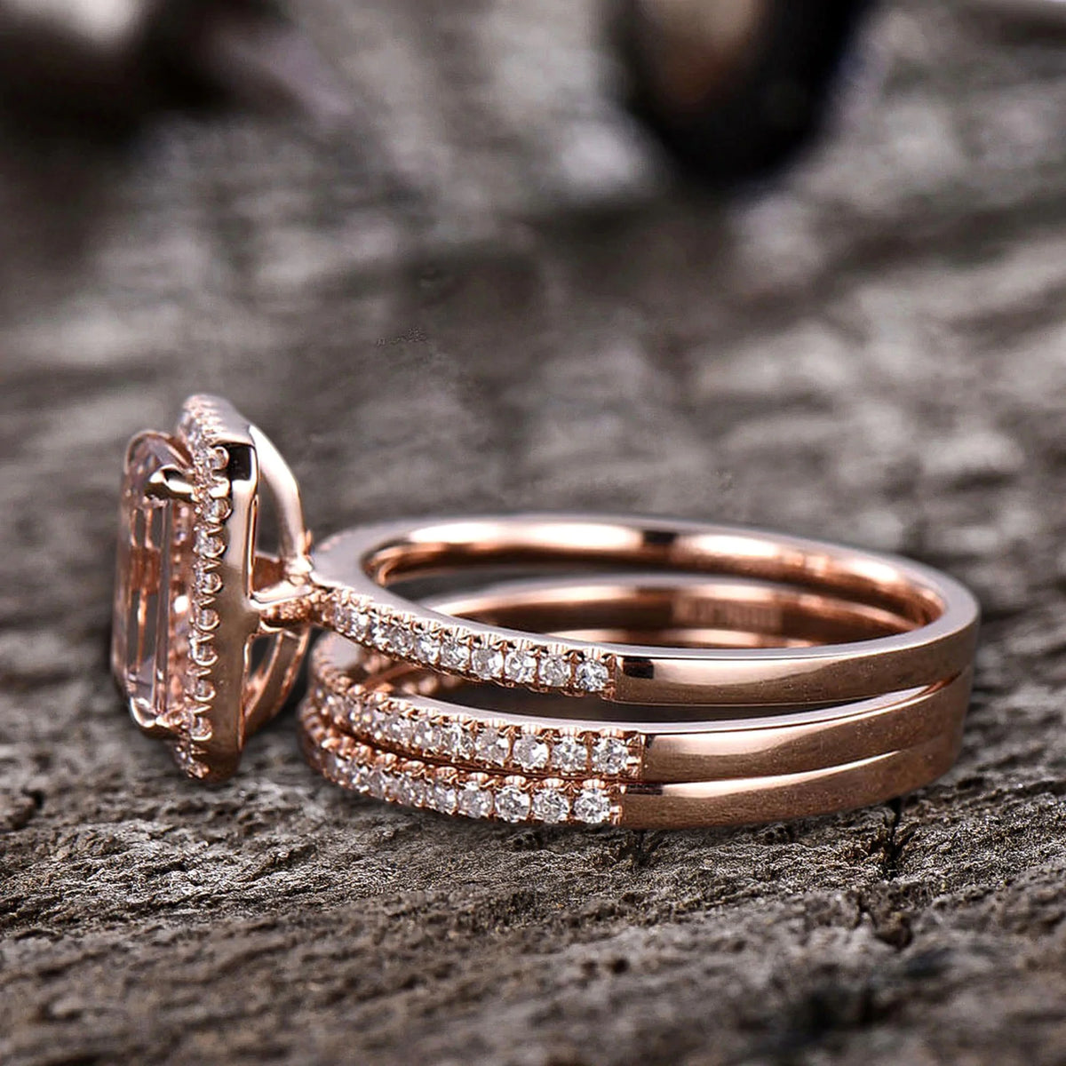Emerald Cut Morganite Bridal Ring 10k Rose Gold Half Eternity W437737