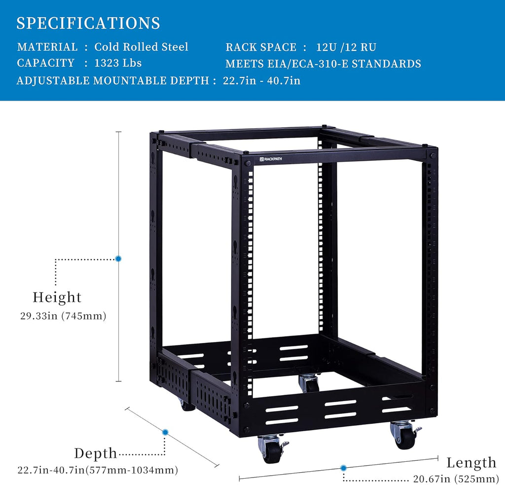 12U Open Frame Server Rack, Heavy Duty 4 Post Adjustable Depth with Casters N357825