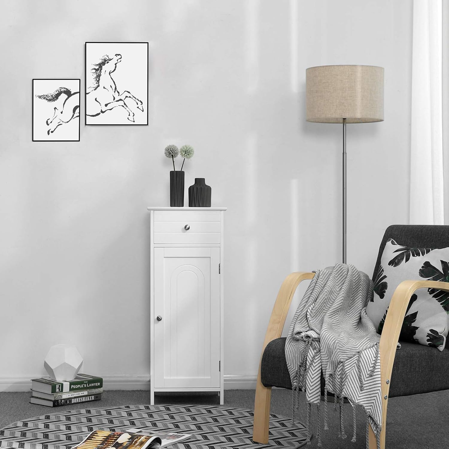 White Wooden Bathroom Floor Cabinet with Drawer and Adjustable Shelf O497785