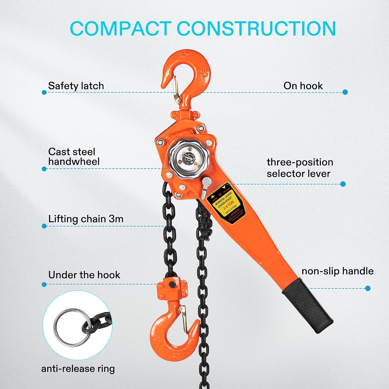 3/4 Ton Capacity 5 Feet Lever Chain Hoist with 2 Hooks T88028