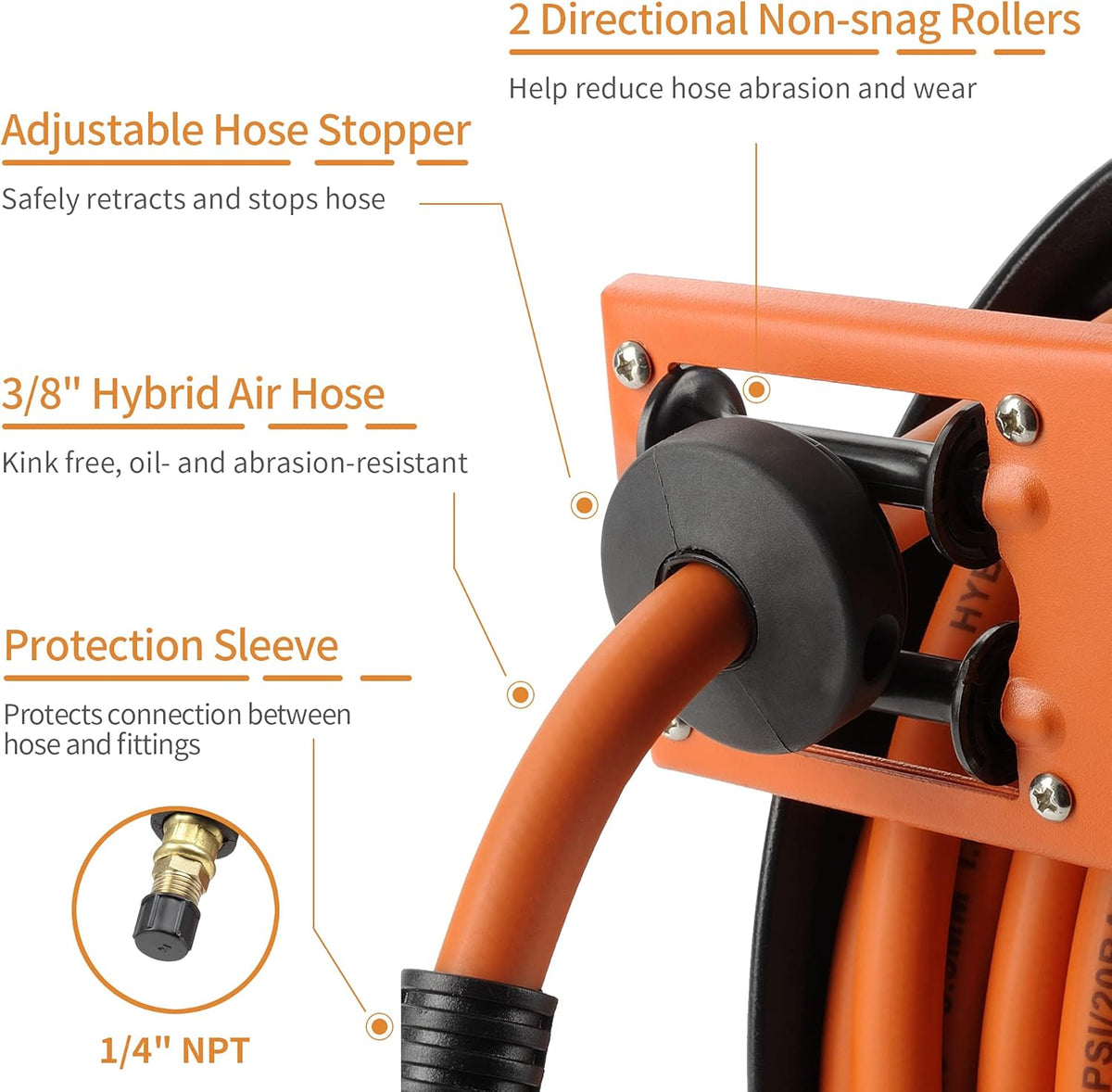 Retractable Air Hose Reel Wall Mount with 3/8 in. x 25 FT Hybrid Hose, Steel Reel Auto Rewind 300PSI Pack of 2 T789