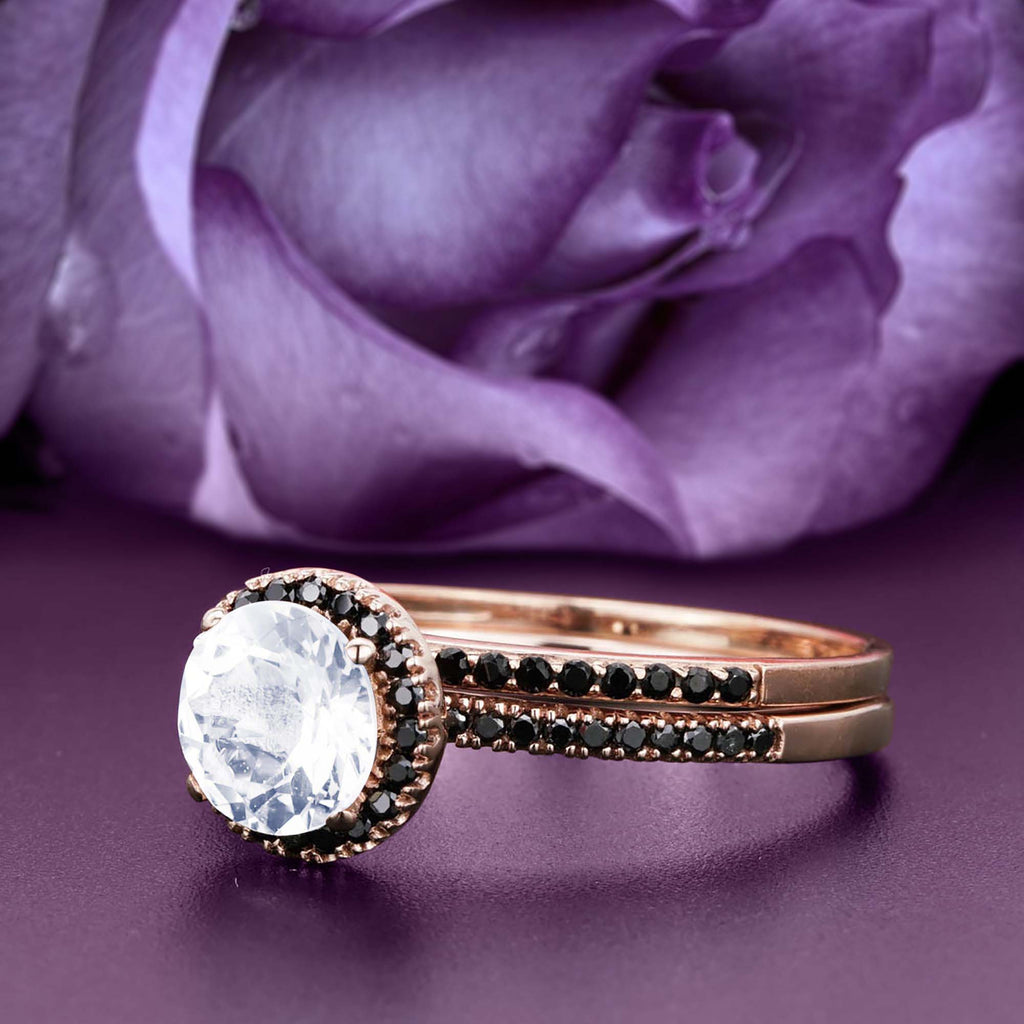 Art Deco 2.00 Carat Round Cut Diamond Moissanite And Black Diamond Moissanite Engagement Ring in 925 Sterling Silver With Rose Gold Plating E353