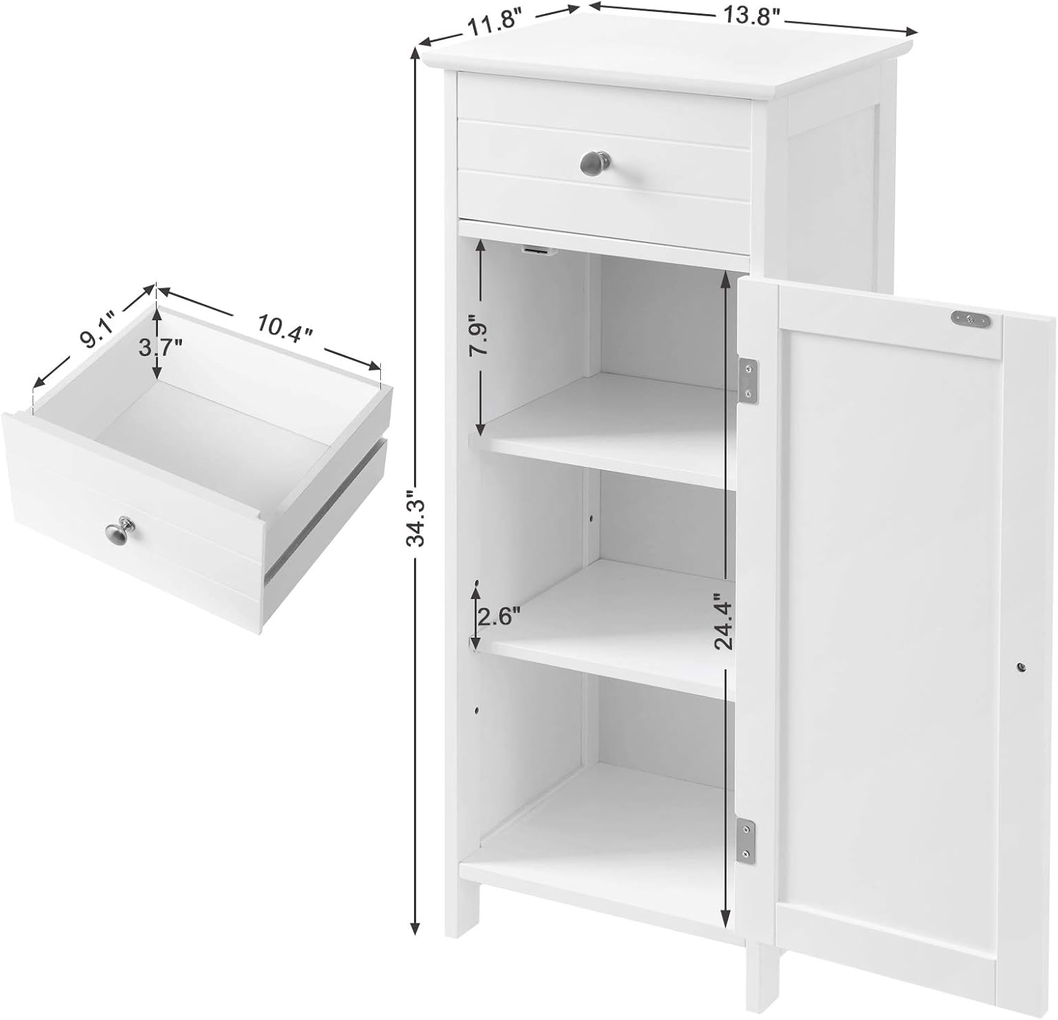 White Wooden Bathroom Floor Cabinet with Drawer and Adjustable Shelf O497785