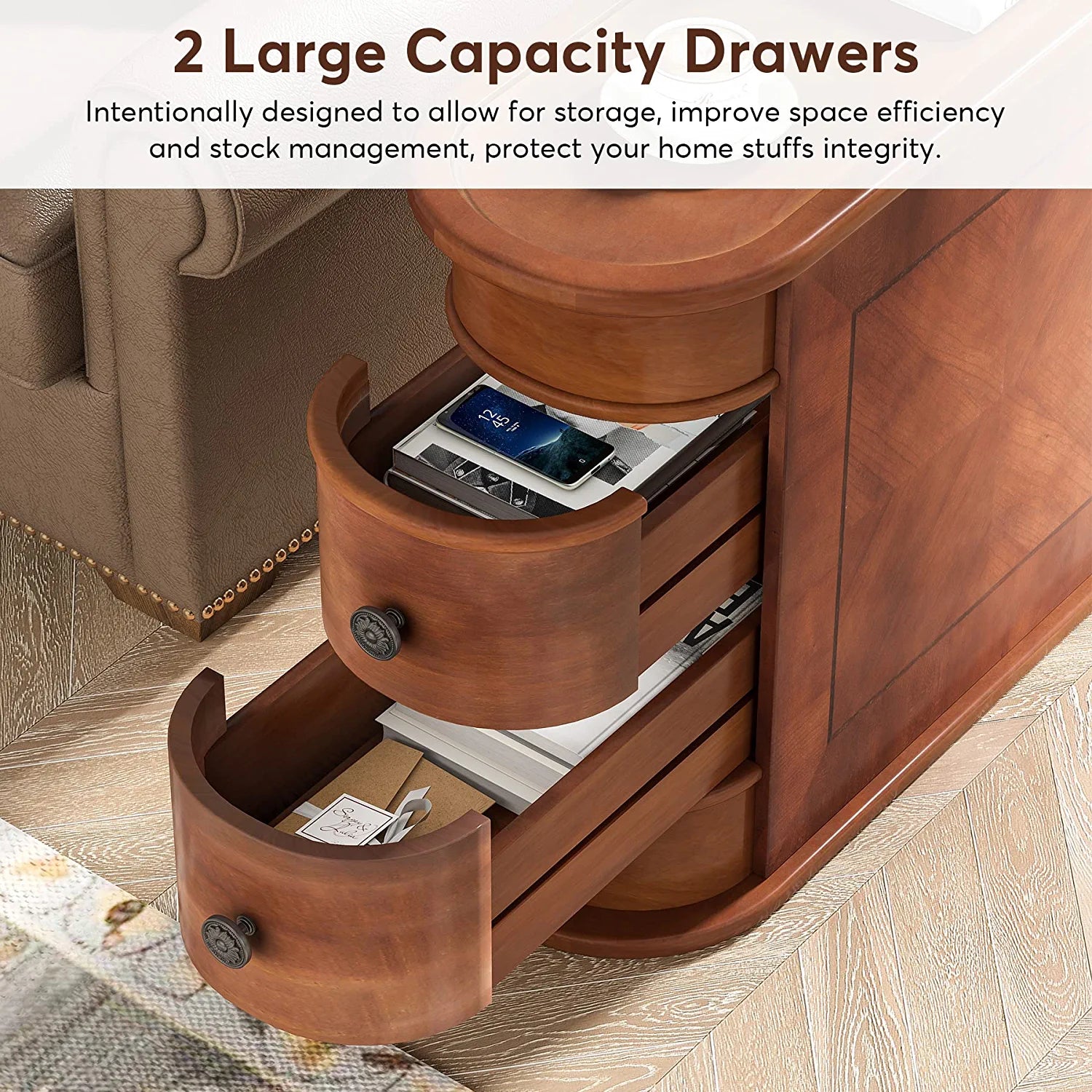 Half Round End Table with 2 Drawers, Sofa Side Desk with Storage, Slim Nightstand, Brown V253