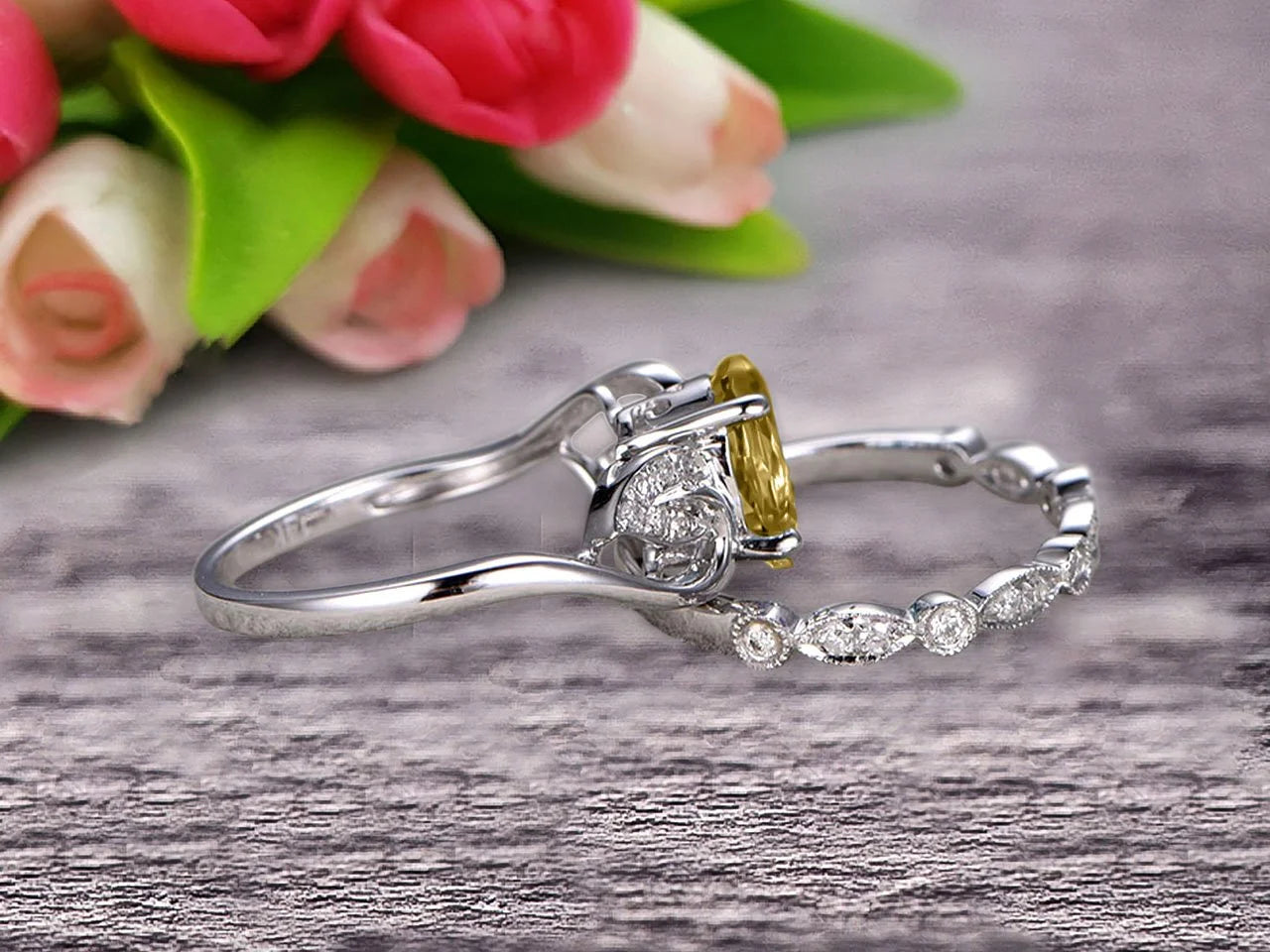 Oval Cut Champagne Diamond Moissanite Bridal Ring Set on 10k White Gold P794554
