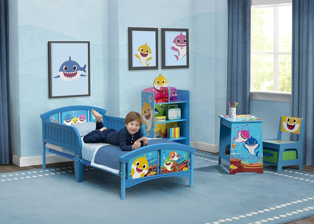 Baby Shark Plastic Toddler Bed and Twinkle Galaxy Dual Sided Crib and Toddler Mattress Bundle V3500