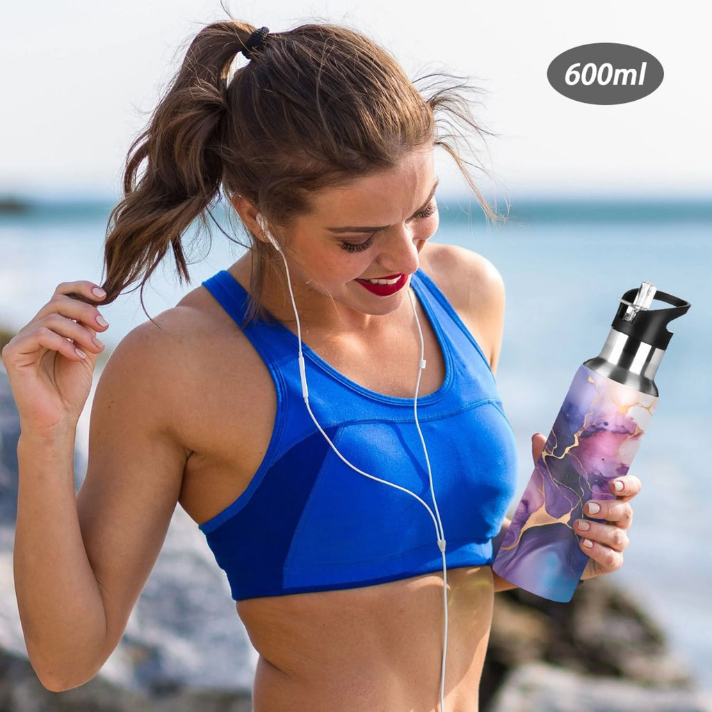 Purple and Blue Marble Stainless Steel Insulated Water Bottle with Straw Lid H7318