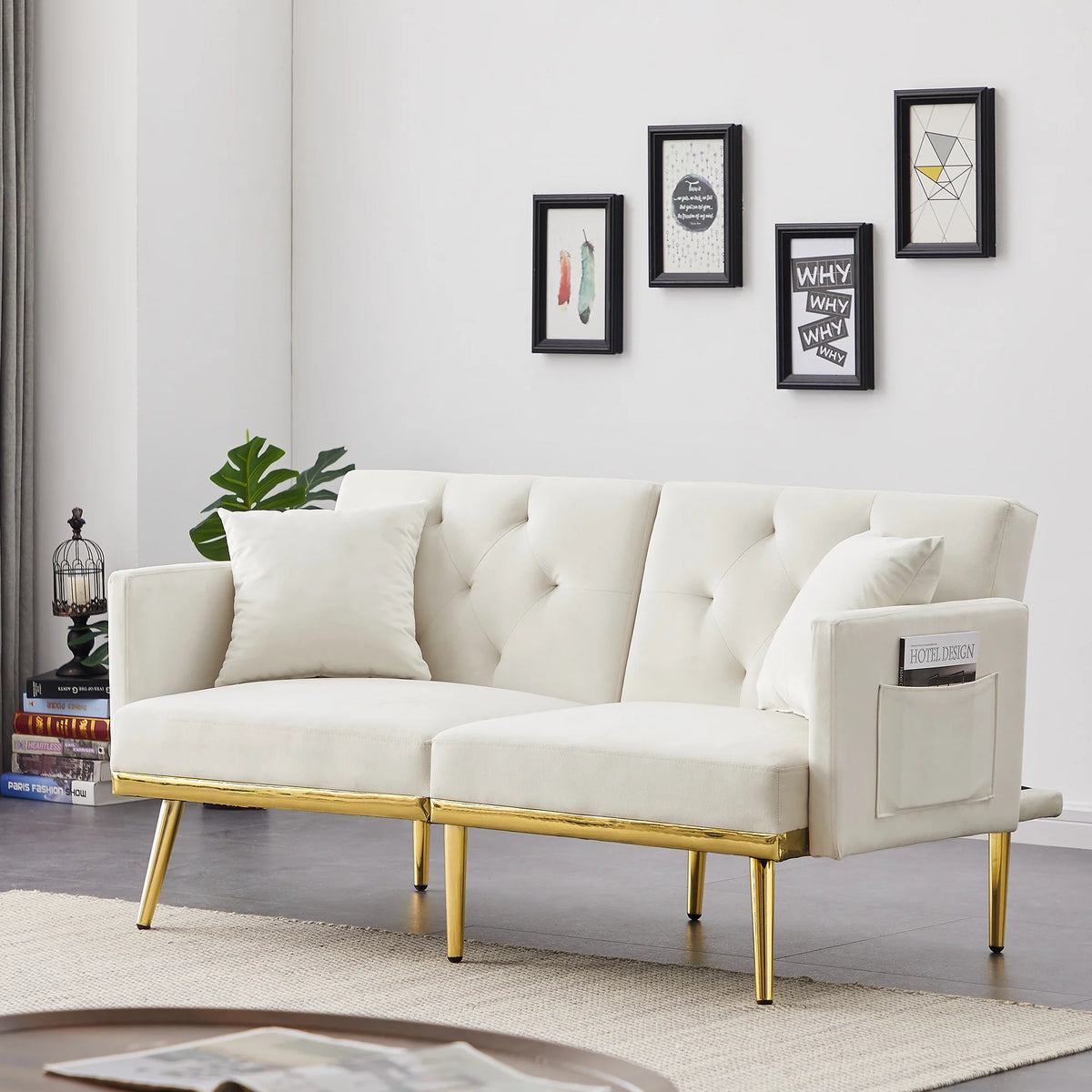 Modern Velvet Tufted Sofa Bed with Metal Legs 2 Pillows S47902