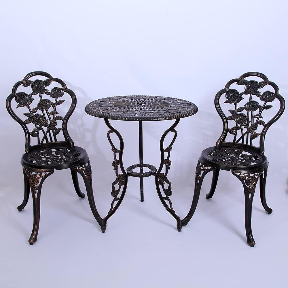 3 Pack Bistro Table and Chair Set with Rose Pattern Carving AntiRust Cast Aluminum Antique Bronze Outdoor Furniture H345