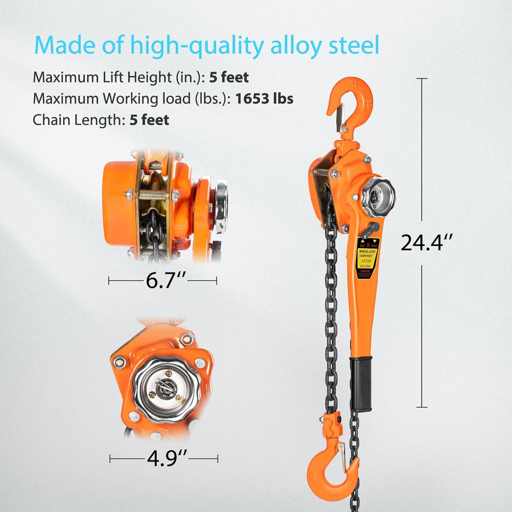 3/4 Ton Capacity 5 Feet Lever Chain Hoist with 2 Hooks T88028