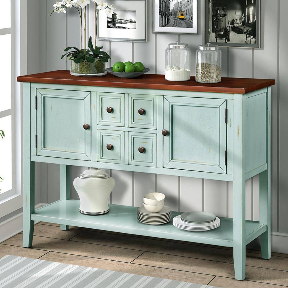 Blue Wood Console Table with 4-Storage Drawers and 2-Cabinets E348