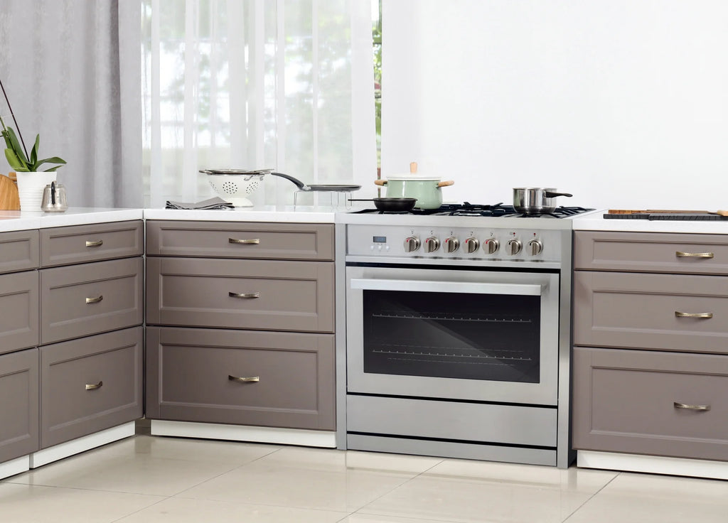5 Piece Kitchen Appliance Package with Dual Fuel Range, Island Range Hood, Built-in Dishwasher, French Door Refrigerator & 48 Bottle Wine Refrigerator C3599