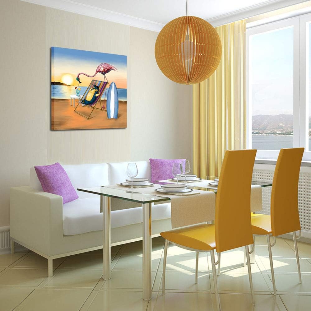 Funny Animal Flamingo and Penguin on Beach Vacation Canvas Prints Painting with Stretched Frame Wall Art 24x24inch M887359
