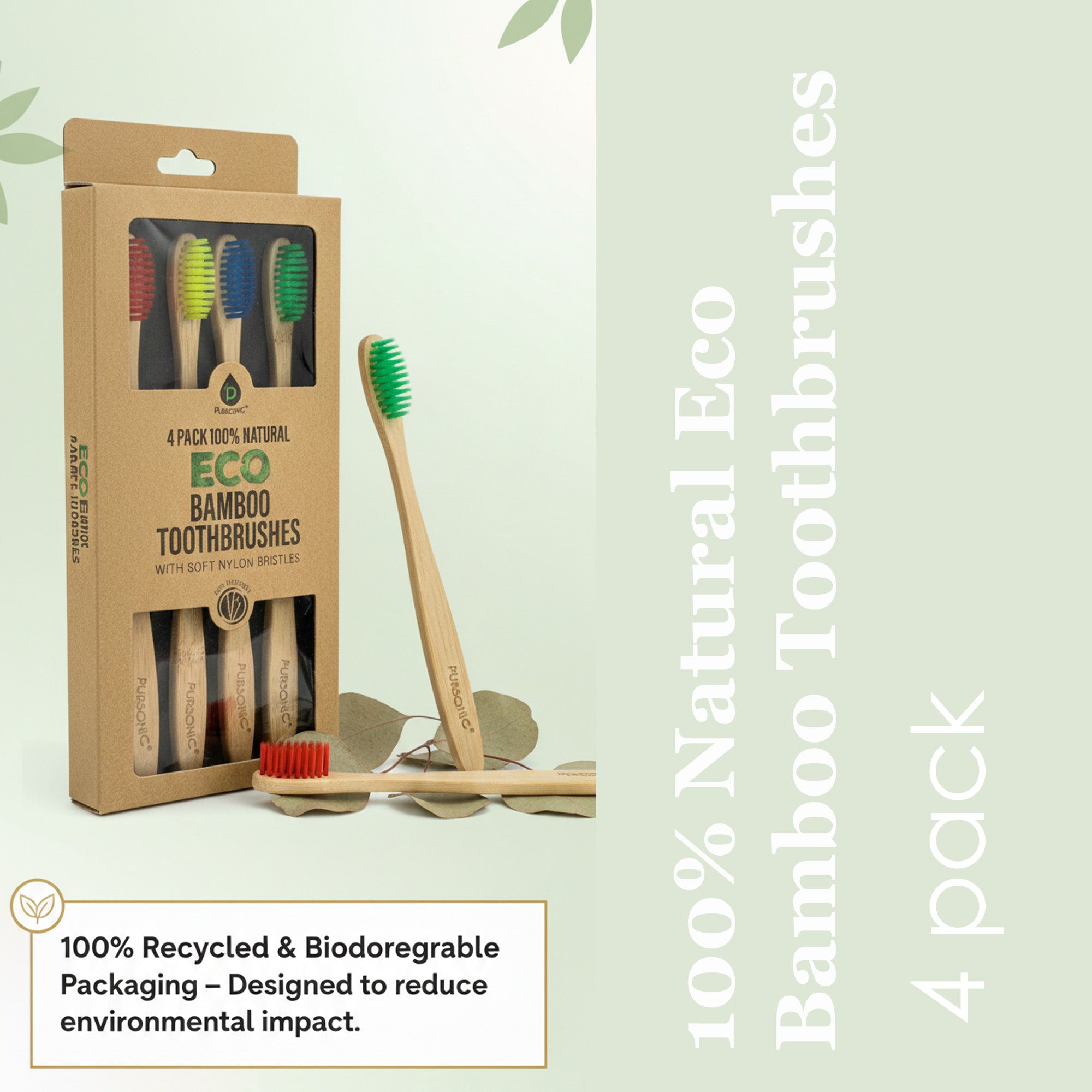 100% Natural Eco Bamboo Toothbrushes (4 pack)